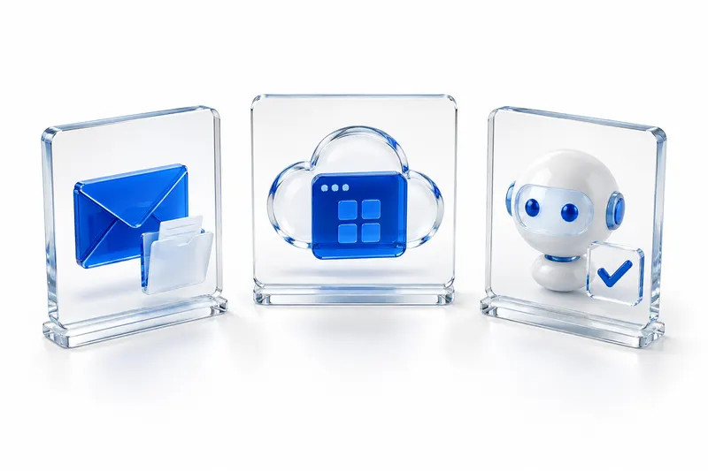 Three glass modules: Microsoft 365 collaboration, Azure applications and AI agents.